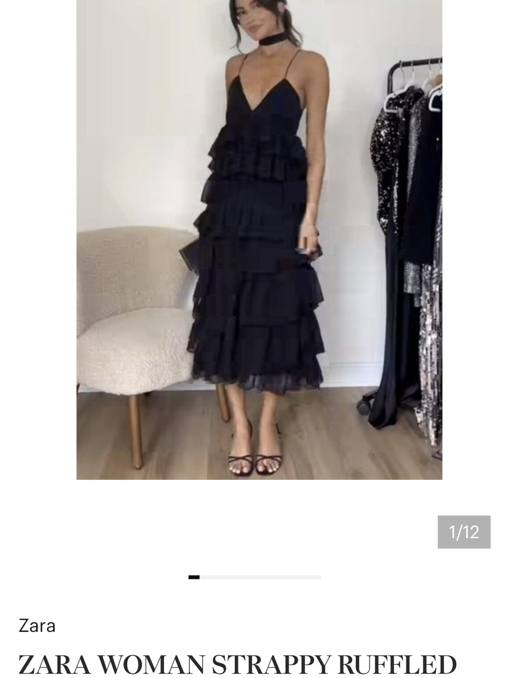 ZARA Black Strappy Tiered Ruffle Midi Dress